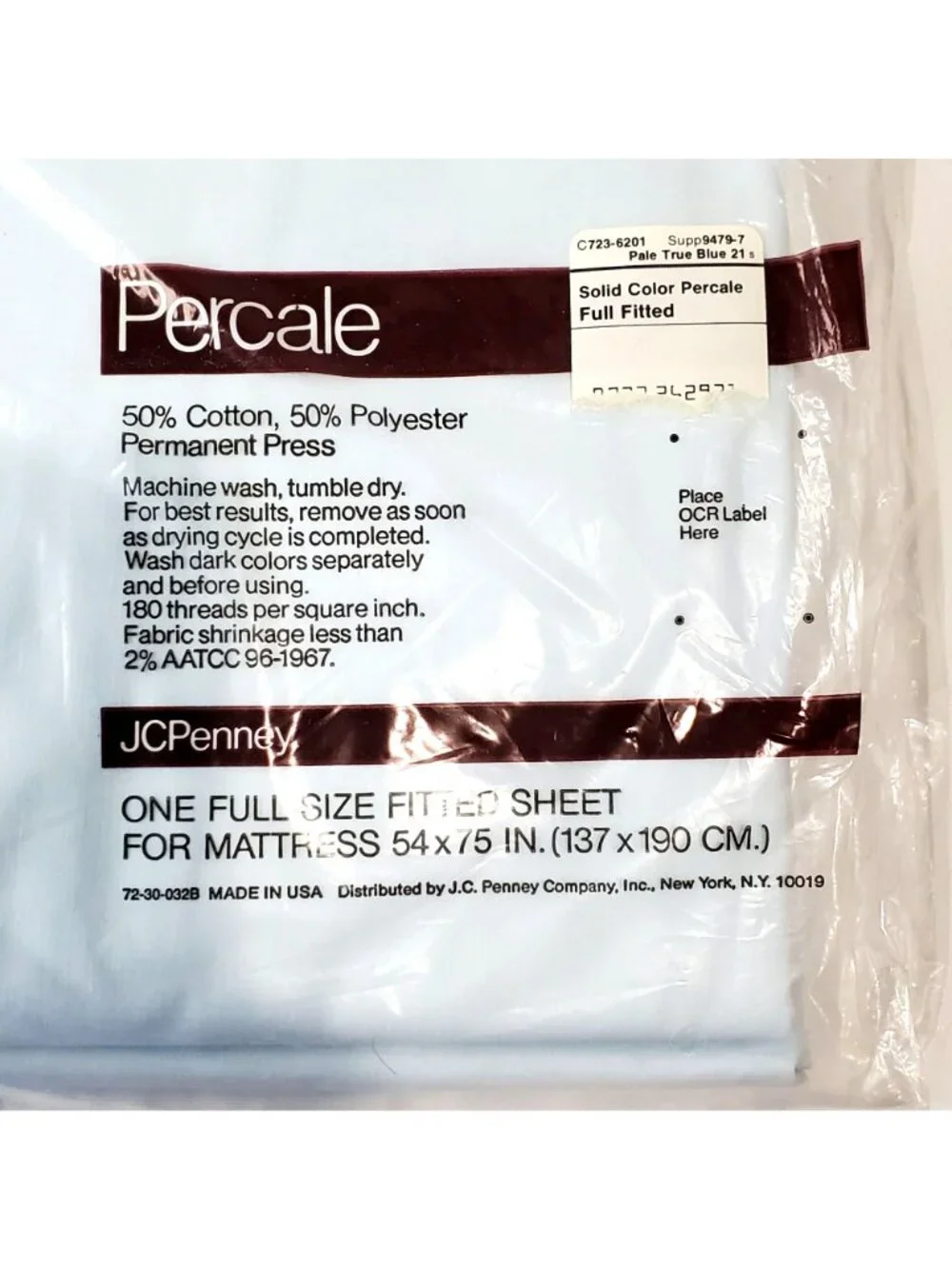 VTG JC Penney Percale Full Size Fitted Sheet Pale Blue 180 Thread Count USA